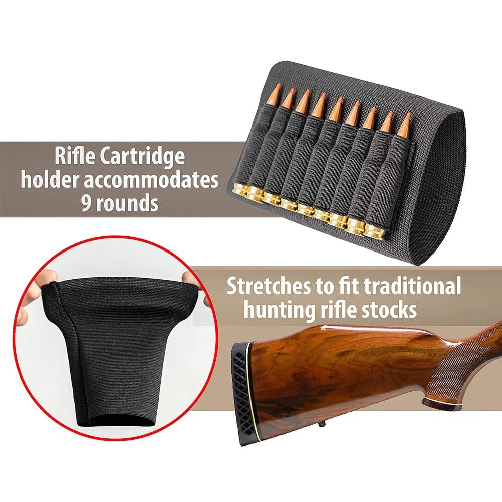 Tactical Buttstock 9 Rounds Rifle Ammo Pouch for .270, .30-30, .30-06, .45, 0.30in to 0.50in Ammo Shotgun Holder for Hunting