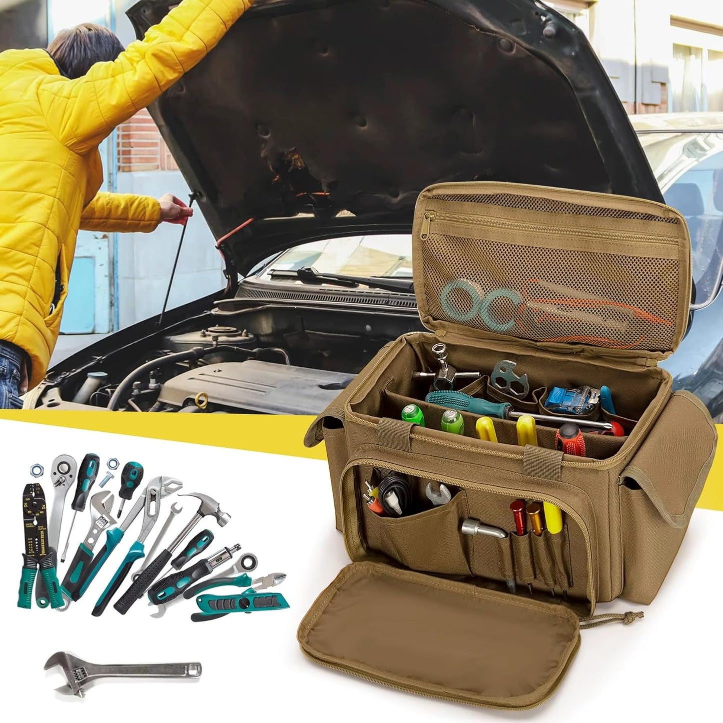 Tactical Tool Bag Anti-friction Thick Padded Bottom Tool Storage Pack Repairman Electrician Carpenters Multi-functional Work Bag(Brown)