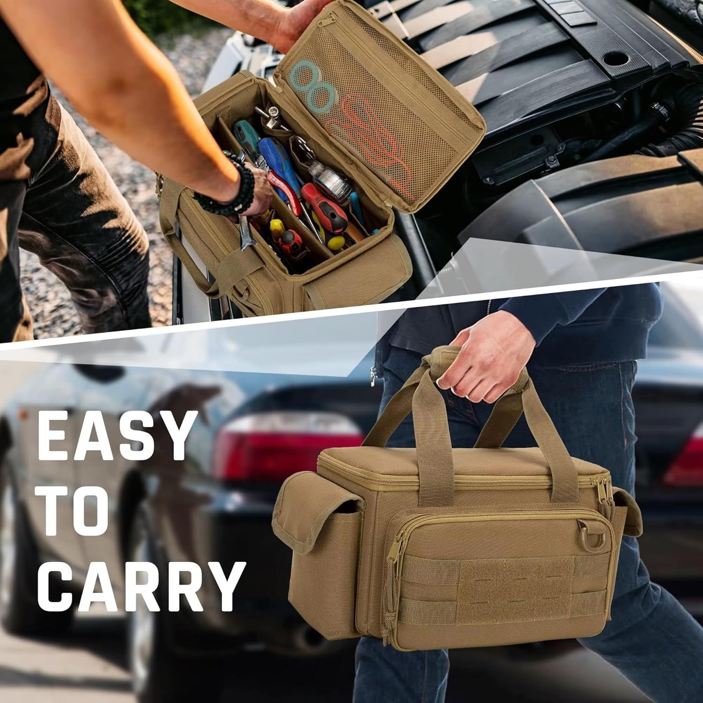 Tactical Tool Bag Anti-friction Thick Padded Bottom Tool Storage Pack Repairman Electrician Carpenters Multi-functional Work Bag(Brown)